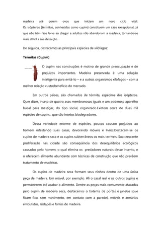 madeira até porem ovos que iniciam um novo ciclo vital.
Os isópteros (térmitas, conhecidas como cupim) constituem um caso excepcional, já
que não têm fase larva ao chegar a adultos não abandonam a madeira, tornando-se
mais difícil a sua detecção.
De seguida, destacamos as principais espécies de xilófagos:
Térmitas (Cupim)
O cupim nas construções é motivo de grande preocupação e de
prejuízos importantes. Madeira preservada é uma solução
inteligente para evitá-lo – e a outros organismos xilófagos – com a
melhor relação custo/benefício do mercado.
Em outros países, são chamados de térmita, espécime dos isópteros.
Quer dizer, inseto de quatro asas membranosas iguais e um poderoso aparelho
bucal para mastigar, do tipo social, organizado.Existem cerca de duas mil
espécies de cupins , que são insetos biodegradores,
Dessa variedade enorme de espécies, poucas causam prejuízos ao
homem infestando suas casas, devorando móveis e livros.Destacam-se os
cupins de madeira seca e os cupins subterrâneos os mais terríveis. Sua crescente
proliferação nas cidade são conseqüência dos desequilíbrios ecológicos
causados pelo homem, o qual elimina os predadores naturais desse insento, e
o oferecem alimento abundante com técnicas de construção que não prevêem
tratamento de madeiras.
Os cupins de madeira seca formam seus ninhos dentro de uma única
peça de madeira. Um móvel, por exemplo. Ali o casal real e os outros cupins e
permanecem até acabar o alimento. Dentre as peças mais comumente atacadas
pelo cupim de madeira seca, destacamos o batente de portas e janelas (que
ficam fixo, sem movimento, em contato com a parede), móveis e armários
embutidos, rodapés e forros de madeira.
 