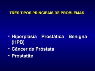 TRÊS TIPOS PRINCIPAIS DE PROBLEMAS   Hiperplasia Prostática Benigna (HPB) Câncer de Próstata Prostatite 