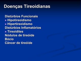 Doenças Tireoidianas
Distúrbios Funcionais
 Hipotireoidismo
 Hipertireoidismo
Distúrbios Inflamatórios
 Tireoidites
Nódulos de tireóide
Bócio
Câncer de tireóide

 