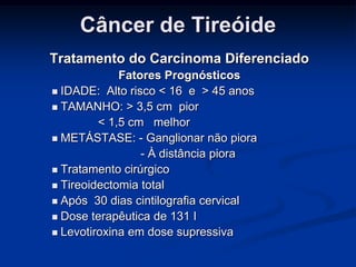 Câncer de Tireóide
Tratamento do Carcinoma Diferenciado
Fatores Prognósticos
 IDADE: Alto risco < 16 e > 45 anos
 TAMANHO: > 3,5 cm pior
< 1,5 cm melhor
 METÁSTASE: - Ganglionar não piora
- À distância piora
 Tratamento cirúrgico
 Tireoidectomia total
 Após 30 dias cintilografia cervical
 Dose terapêutica de 131 I
 Levotiroxina em dose supressiva

 