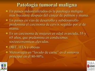 Patología tumoral maligna En países industrializados es la patología maligna mas frecuente después del cáncer de pulmón y mama. En países en vías de desarrollo y subdesarrollo predomina el carcinoma de cervix seguido por el de mama. Es un carcinoma de mujeres en edad avanzada, 55 y 65 años, que predomina en condiciones socioeconómicas elevadas. DBT, HTA y obesas   Metrorragia en “lavado de carne” es el sintoma principal en el 80-90%. 