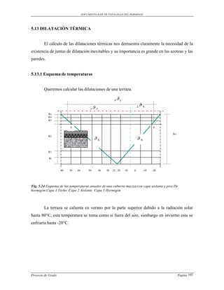 DOCUMENTO BASE DE PATOLOGIAS DEL HORMIGON




5.13 DILATACIÓN TÉRMICA


        El cálculo de las dilataciones térmicas nos demuestra claramente la necesidad de la
existencia de juntas de dilatación inevitables y su importancia es grande en las azoteas y las
paredes.


5.13.1 Esquema de temperaturas


        Queremos calcular las dilataciones de una terraza.

                                                             Δ   j
                                                                                   A
                                         Δ   Z                                Δ

           Re
           R4
           R3

                         E                                                                0

                                                                                                Ro
                                             S                                N
           R2




           R1

            Ri



                    80   70   60        50        40   30   25 20     10   0        -10   -20




Fig. 5.24 Esquema de las temperaturas anuales de una cubierta maciza con capa aislante y piso De
hormigón Capa 1 Techo Capa 2 Aislante Capa 3 Hormigón



        La terraza se calienta en verano por la parte superior debido a la radiación solar
hasta 80°C, esta temperatura se toma como si fuera del aire, sienbargo en invierno esta se
enfriaría hasta -20°C.




Proyecto de Grado                                                                                    Pagina 103
 