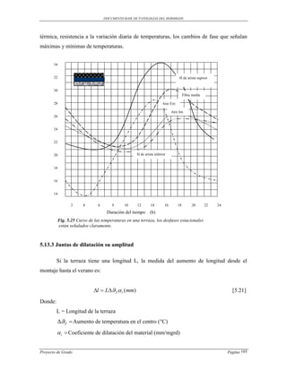 DOCUMENTO BASE DE PATOLOGIAS DEL HORMIGON




térmica, resistencia a la variación diaria de temperaturas, los cambios de fase que señalan
máximas y mínimas de temperaturas.


       34


       32                                                                       H de arista suprior


       30
                                                                                     Fibra media

       28                                                           Aire Ext.

                                                                           Aire Int.
       26


       24


       22


       20                                          H de arista inferior


       18


       16


       14


                2     4       6       8     10     12       14        16        18        20       22   24
                                   Duración del tiempo      (h)
         Fig. 5.25 Curso de las temperaturas en una terraza, los desfases estacionales
         están señalados claramente.



5.13.3 Juntas de dilatación su amplitud

         Si la terraza tiene una longitud L, la medida del aumento de longitud desde el
montaje hasta el verano es:


                            l  LZ  t (mm)                                                                 [5.21]
Donde:
         L = Longitud de la terraza
         Z  Aumento de temperatura en el centro (°C)
          t  Coeficiente de dilatación del material (mm/mgrd)


Proyecto de Grado                                                                                            Pagina 105
 