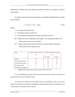 DOCUMENTO BASE DE PATOLOGIAS DEL HORMIGON




temperaturas son bajas tienen que disponerse juntas mas anchas, si el tiempo es caluroso
mas estrechas.


         La anchura necesaria para las juntas puede ser calculada individualmente por medio
de las formulas.

                                              
                           f  L. z . t  Fu         (mm)                                         [5.26]
Donde:
         f = La anchura de la junta (mm)
         L = La distancia entre las juntas (m)
          t = El coeficiente de dilatación del materia calculado (mm/m°C)
       z = Diferencia entre la temperatura de montaje tv y la temperatura máxima (°C)
              Que puede existir en el curso del año.
         
        Fu = Espesor mínimo del material de relleno de la junta cundo se allá bajo la
                    Máxima presión de conjunto (mm).



         Obra                         distancias entre las juntas    Anchura mínima de las juntas
                                                  (m)                             (mm)
                                                                    Con relleno      sin relleno
         Terraza                                  12                      20              10
         Sin protección térmica                   18                      20              10
         Con protección térmica                   24                      20              10
         Hormigón armado                          6                       10               5
         Pavimento de hormigón                    3                       10               5
                Tabla. 5.11 Recomendaciones para las anchuras de las juntas (mm)


         Una vez calculada esa anchura, todavía hay que tener encuenta, como ya se ha dicho en
que época del año se ha construido la junta.


         Los procesos de retracción en las partes hechas con hormigón in situ, así como las
ulteriores contracciones de las piezas prefabricadas aumentan todavía entre los miembros de las
contracciones, la retracción tiene un valor de.


Proyecto de Grado                                                                                  Pagina 109
 