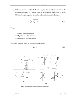 DOCUMENTO BASE DE PATOLOGIAS DEL HORMIGON




     3. Debido a la acción combinada de estos se presentan los esfuerzos inclinados de
         tensión y compresión en cualquier punto de la viga de los cuales el mayor forma
         90° con el otro, la magnitud del máximo esfuerzo inclinado esta dado por:


                                     f          f2
                                   t              v2                                              [6.27]
                                     2          4


Donde:


         t = Esfuerzo de tensión diagonal
         f = Magnitud del esfuerzo normal
         v = Magnitud del esfuerzo cortante


El esfuerzo inclinado forma un Angulo α con la horizontal.
                                                    v
                                                                                                   [6.28]
                                                    f


                             f
                                                                    Εmax<εp        fmax<f p
                                                          εl
                      f2

                      fp




                       fl
                                                                              b)
                                                                                     Fmax<f p
                                                               Εmax<εp

           -ε p                  ε l εp ε2              ε2

                                                                                                      f2
                                 fp                                   εp                        fp

                            a)
                                                                         c)
                    Fig. 6.15 Distribución de esfuerzos elásticos e inelásticos




Proyecto de Grado                                                                               Pagina 148
 