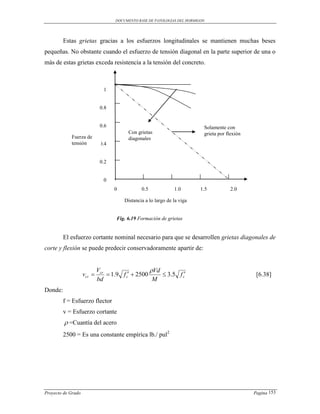 DOCUMENTO BASE DE PATOLOGIAS DEL HORMIGON




         Estas grietas gracias a los esfuerzos longitudinales se mantienen muchas beses
pequeñas. No obstante cuando el esfuerzo de tensión diagonal en la parte superior de una o
más de estas grietas exceda resistencia a la tensión del concreto.



                               1


                             0.8


                             0.6                                           Solamente con
                                         Con grietas                       grieta por flexión
            Fuerza de                    diagonales
            tensión          0.4


                             0.2


                               0
                                   0           0.5             1.0        1.5          2.0

                                       Distancia a lo largo de la viga


                                    Fig. 6.19 Formación de grietas


         El esfuerzo cortante nominal necesario para que se desarrollen grietas diagonales de
corte y flexión se puede predecir conservadoramente apartir de:


                            Vcr                   Vd
                    vcr         1.9 f c  2500      3.5 f c                                 [6.38]
                            bd                     M
Donde:
         f = Esfuerzo flector
         v = Esfuerzo cortante
          =Cuantía del acero
         2500 = Es una constante empírica lb./ pul2




Proyecto de Grado                                                                               Pagina 153
 