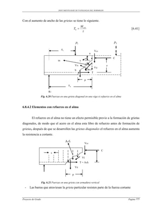 DOCUMENTO BASE DE PATOLOGIAS DEL HORMIGON




Con el aumento de ancho de las grietas se tiene lo siguiente.
                                                             M ext
                                                   Tb                                               [6.41]
                                                              z


                                                       p1                                     p2

                                       x1                                       Vcz
                                                                        a
                                                                                              C
                                   m                         y
                                                       Vix                                z
                                                                                Viy
                                                       b
                                                                            T

                                                                  p

                                              xa
                          R1
                Fig. 6.20 Fuerzas en una grieta diagonal en una viga si esfuerzo en el alma



6.8.4.2 Elementos con refuerzo en el alma


        El refuerzo en el alma no tiene un efecto permisible previo a la formación de grietas
diagonales, de modo que el acero en el alma esta libre de refuerzo antes de formación de
grietas, después de que se desarrollen las grietas diagonales el refuerzo en el alma aumenta
la resistencia a cortante.

                                            Avfv
                                                                  Vcz

                                                                                      C
                            s
                                                                 Vi
                                                             T = Asfs
                                                       Vd

                                                   p


                    Fig. 6.21 Fuerzas en una grieta con armadura vertical
  -   Las barras que atraviesan la grieta particular resisten parte de la fuerza cortante


Proyecto de Grado                                                                                  Pagina 155
 