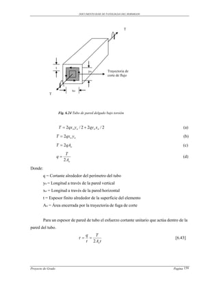 DOCUMENTO BASE DE PATOLOGIAS DEL HORMIGON




                                                                       T




                    t
                                             yo           Trayectoria de
                                                          corte de flujo



                                  xo
             T




                        Fig. 6.24 Tubo de pared delgado bajo torsión



                        T  2qx o yo / 2  2qyo xo / 2                                     (a)

                    T  2qxo y o                                                           (b)

                    T  2qAo                                                               (c)

                            T
                    q                                                                     (d)
                           2 Ao
Donde:
         q = Cortante alrededor del perímetro del tubo
         yo = Longitud a través de la pared vertical
         xo = Longitud a través de la pared horizontal
         t = Espesor finito alrededor de la superficie del elemento
         Ao = Área encerrada por la trayectoria de fuga de corte


         Para un espesor de pared de tubo el esfuerzo cortante unitario que actúa dentro de la
pared del tubo.
                                            q   T
                                                                                   [6.43]
                                            t 2 Ao t




Proyecto de Grado                                                                    Pagina 159
 