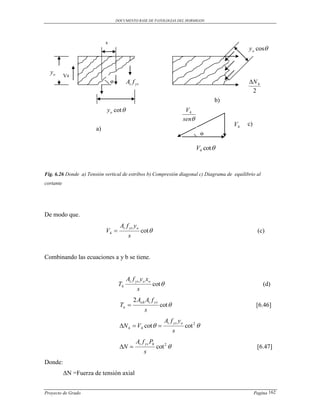 DOCUMENTO BASE DE PATOLOGIAS DEL HORMIGON




                            s
                                                                                                          yo cos


  yo
           V4
                                ө         At f yv                                                         N 4
                                                                                                           2
                                                                                                b)
                            y o cot                                               V4
                                                                                  sen
                                                                                                     V4   c)
                       a)
                                                                                            ө

                                                                                         V4 cot 


Fig. 6.26 Donde a) Tensión vertical de estribos b) Compresión diagonal c) Diagrama de equilibrio al
cortante




De modo que.
                                      At f yv yo
                            V4                      cot                                                       (c)
                                           s


Combinando las ecuaciones a y b se tiene.


                                          At f yv yo xo
                                     T4                      cot                                                  (d)
                                                 s
                                               2 Aoh At f yv
                                     Tn                        cot                                            [6.46]
                                                      s
                                                                     At f yv yo
                                     N 4  V4 cot                              cot 2 
                                                                         s
                                                At f yv Ph
                                     N                      cot 2                                            [6.47]
                                                      s
Donde:
           ΔN =Fuerza de tensión axial


Proyecto de Grado                                                                                              Pagina 162
 