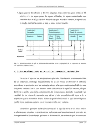 DOCUMENTO BASE DE PATOLOGIAS DEL HORMIGON




     Agua agresiva de subsuelo o de otros orígenes, tales como las aguas ácidas de Ph
        inferior a 5, las aguas puras, las aguas sulfatadas, las aguas contaminadas que
        contienen mas de 30 g/l de sales disueltas de agua de ciertas canteras, la agresividad
        es mucho mas fuerte cuando se trata se aguas en movimiento.


                    Condición (1)                      Condición (2)            Condición (3)
                    Agregados                          Solución de poro         Estado de concreto

                    Reactivos        Inocuo            Altos      Bajos         Húmedo       Seco
                                                       álcalis    álcalis




    Alto riesgo

     Mediano
      riesgo


    Bajo riesgo


     Sin riesgo
Fig. 7.1 Niveles de riesgo de que se produzca una reacción álcali – agregado, en el concreto, de acuerdo
con diferentes combinaciones.


7.2 CARACTERÍSTICAS DE LLUVIAS ÁCIDAS SOBRE EL HORMIGÓN


        En teoría el agua de las precipitaciones pluviales debería estar prácticamente libre
de las impurezas, sienbargo frecuentemente no es así porque al atravesar el ambiente
atmosférico se contamina con las sustancias ajenas a la composición natural del aire que
este puede contener, con la cual antes de tomar contacto con la superficie terrestre, el agua
de lluvia ya exhibe una cierta contaminación, tal contaminación depende, en calidad y en
cantidad, de las clases de sustancias que vician el aire atmosférico del lugar y de la
proporción que se encuentran de esta manera el grado ofensivo que el agua de lluvia puede
exhibir como medio de contacto con el concreto resulta muy variable.


        En términos generales puede considerarse que el agua de lluvia de las zonas rurales
y urbanas poco pobladas, es prácticamente inofensiva para las estructuras de concreto, así
estas presentan un buen drenaje que evite su acumulación, en cuanto al agua de lluvia que


Proyecto de Grado                                                                            Pagina 170
 