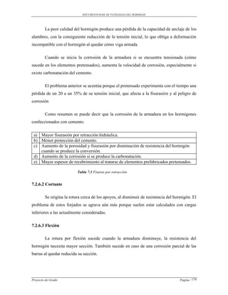 DOCUMENTO BASE DE PATOLOGIAS DEL HORMIGON




        La peor calidad del hormigón produce una pérdida de la capacidad de anclaje de los
alambres, con la consiguiente reducción de la tensión inicial, lo que obliga a deformación
incompatible con el hormigón al quedar cómo viga armada.

        Cuando se inicia la corrosión de la armadura si se encuentra tensionada (cómo
sucede en los elementos pretensados), aumenta la velocidad de corrosión, especialmente si
existe carbonatación del cemento.

        El problema anterior se acentúa porque el pretensado experimenta con el tiempo una
pérdida de un 20 a un 35% de su tensión inicial, que afecta a la fisurasión y al peligro de
corrosión

        Como resumen se puede decir que la corrosión de la armadura en los hormigones
confeccionados con cemento.

 a) Mayor fisurasión por retracción hidráulica.
 b) Menor protección del cemento.
 c) Aumento de la porosidad y fisurasión por disminución de resistencia del hormigón
    cuando se produce la conversión.
 d) Aumento de la corrosión si se produce la carbonatación.
 e) Mayor espesor de recubrimiento al tratarse de elementos prefabricados pretensados.

                          Tabla 7.3 Fisuras por retracción


7.2.6.2 Cortante

        Se origina la rotura cerca de los apoyos, al disminuir de resistencia del hormigón. El
problema de estos forjados se agrava aún más porque suelen estar calculados con cargas
inferiores a las actualmente consideradas.

7.2.6.3 Flexión

        La rotura por flexión sucede cuando la armadura disminuye, la resistencia del
hormigón necesita mayor sección. También sucede en caso de una corrosión parcial de las
barras al quedar reducida su sección.




Proyecto de Grado                                                                   Pagina 179
 