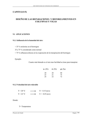 DOCUMENTO BASE DE PATOLOGIAS DEL HORMIGON




CAPITULO IX


     DISEÑO DE LAS REPARACIONES Y REFORZAMIENTOS EN
                     COLUMNAS Y VIGAS




9.1 APLICACIONES


9.1.1 Influencia de la humedad del aire:


   < 35 % molestias en el hormigon
   35 a 75 % considerado como normal
   > 75 % influencia directa en la evaporación de la transpiración del hormigon


   Ejemplo.
                      Cuanto más húmedo es el aire mas facilidad se tiene para transpirar.


                                            te (°C)      ti (°C)        φi (%)

                                              20         20             80
                                              22         21             75
                                              24         22             72



9.1.2 Velocidad del aire tolerable


         T = 20 °C                   V= 0.15 (m/s)
         T = 22 °C                   V = 0.25 (m/s)


Donde:


          T= Temperatura


Proyecto de Grado                                                                 Pagina 194
 