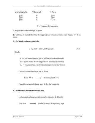 DOCUMENTO BASE DE PATOLOGIAS DEL HORMIGON




  ρHorm(Kg./m3)              VHorm(m3)                  % Poros

         2100                      V                       19 V
         2200                      V                       15 V
         2300                      V                      11.5 V


                                     V = Volumen del hormigon

A mayor densidad disminuye % poros.

La totalidad de humedad al final de su periodo de condensación no suele llegar a 1% de su
masa.

9.1.5 Calculo de la carga de calor.



                         G = Z (tim = tem) [grado dia/año]                         [9.2]
  Donde:


           Z = Valor medio en días que es necesario al calentamiento
           tim = Valor medio de las temperaturas Interiores (Invierno)
           tem = Valor medio de las temperaturas exteriores (Invierno)


        La temperatura disminuye con la altura:


                    Cada 100 m                 disminuye en 0.5 °C


        Esta diferencia puede llegar a ser de 2 a 4 al medio dia


9.1.6 Influencia de la humedad del aire.


        La humedad del aire nos determina los cálculos de difusión


        Días frías                     presión de vapor de agua muy baja




Proyecto de Grado                                                                Pagina 196
 