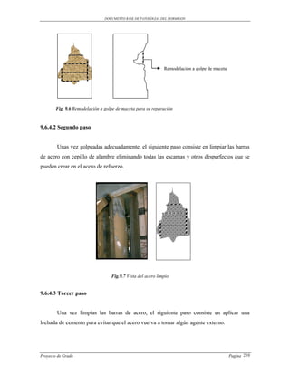 DOCUMENTO BASE DE PATOLOGIAS DEL HORMIGON




                                                              Remodelación a golpe de maceta




        Fig. 9.6 Remodelación a golpe de maceta para su reparación



9.6.4.2 Segundo paso


        Unas vez golpeadas adecuadamente, el siguiente paso consiste en limpiar las barras
de acero con cepillo de alambre eliminando todas las escamas y otros desperfectos que se
pueden crear en el acero de refuerzo.




                                   Fig.9.7 Vista del acero limpio


9.6.4.3 Torcer paso


        Una vez limpias las barras de acero, el siguiente paso consiste en aplicar una
lechada de cemento para evitar que el acero vuelva a tomar algún agente externo.




Proyecto de Grado                                                                              Pagina 210
 