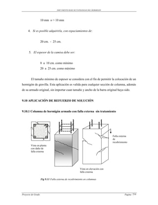 DOCUMENTO BASE DE PATOLOGIAS DEL HORMIGON




                    10 mm o > 10 mm


     4. Si es posible adquirirla, con espaciamientos de:


                    20 cm. - 25 cm.


      5. El espesor de la camisa debe ser:


                    8 a 10 cm. como mínimo
                    20 a 25 cm. como máximo


        El tamaño mínimo de espesor se considera con el fin de permitir la colocación de un
hormigón de gravilla. Esta aplicación es valida para cualquier sección de columna, además
de su armado original, sin importar cuan tamaño y ancho de la barra original haya sido.


9.10 APLICACIÓN DE REFUERZO DE SOLUCIÓN


9.10.1 Columna de hormigón armado con falla externa sin tratamiento




                                                                                 Falla externa
                                                                                 de
                                                                                 recubrimiento
        Vista en planta
        con daño de
        falla externa




                                                        Vista en elevación con
                                                        falla externa

                    Fig 9.11 Falla externa de recubrimiento en columnas




Proyecto de Grado                                                                          Pagina 216
 