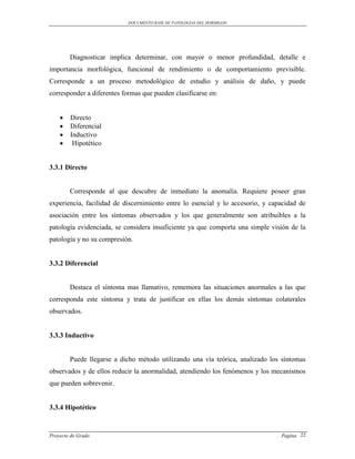 DOCUMENTO BASE DE PATOLOGIAS DEL HORMIGON




        Diagnosticar implica determinar, con mayor o menor profundidad, detalle e
importancia morfológica, funcional de rendimiento o de comportamiento previsible.
Corresponde a un proceso metodológico de estudio y análisis de daño, y puede
corresponder a diferentes formas que pueden clasificarse en:


       Directo
       Diferencial
       Inductivo
        Hipotético


3.3.1 Directo


        Corresponde al que descubre de inmediato la anomalía. Requiere poseer gran
experiencia, facilidad de discernimiento entre lo esencial y lo accesorio, y capacidad de
asociación entre los síntomas observados y los que generalmente son atribuibles a la
patología evidenciada, se considera insuficiente ya que comporta una simple visión de la
patología y no su compresión.


3.3.2 Diferencial


        Destaca el síntoma mas llamativo, rememora las situaciones anormales a las que
corresponda este síntoma y trata de justificar en ellas los demás síntomas colaterales
observados.


3.3.3 Inductivo


        Puede llegarse a dicho método utilizando una vía teórica, analizado los síntomas
observados y de ellos reducir la anormalidad, atendiendo los fenómenos y los mecanismos
que pueden sobrevenir.


3.3.4 Hipotético


Proyecto de Grado                                                               Pagina 22
 