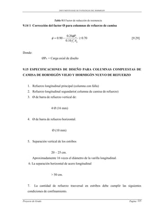 DOCUMENTO BASE DE PATOLOGIAS DEL HORMIGON




                             Tabla 9.1 Factor de reducción de resistencia
9.14 1 Corrección del factor Ø para columnas de refuerzo de camisa


                                         0.20Pn
                             0.90                 0.70                     [9.29]
                                        0.10 f cAg


Donde:
                    ØPn = Carga axial de diseño


9.15 ESPECIFICACIONES DE DISEÑO PARA COLUMNAS COMPUESTAS DE
CAMISA DE HORMIGÓN VIEJO Y HORMIGÓN NUEVO DE REFUERZO


    1. Refuerzo longitudinal principal (columna con falla)
    2. Refuerzo longitudinal segundario( columna de camisa de refuerzo)
    3. Ø de barra de refuerzo vertical de:


                          4 Ø (16 mm)


    4. Ø de barra de refuerzo horizontal.


                           Ø (10 mm)


    5. Separación vertical de los estribos


                          20 – 25 cm.
         Aproximadamente 16 veces el diámetro de la varilla longitudinal.
     6. La separación horizontal de acero longitudinal


                          > 50 cm.


    7.    La cantidad de refuerzo trasversal en estribos debe cumplir las siguientes
    condiciones de confinamiento.


Proyecto de Grado                                                            Pagina 225
 