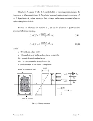 DOCUMENTO BASE DE PATOLOGIAS DEL HORMIGON




         El refuerzo f′s alcanza el valor de fy cuando la falla se presenta por aplastamiento del
concreto, si la falla se ocasiona por la fluencia del acero de tracción, se debe reemplazar a fs
por fy dependiendo de cual de los aceros fluye primero, las barras de camisa de refuerzo o
las barras originales de falla.


         Cuando los esfuerzos son menores a fy, de los dos esfuerzos se puede calcular
aplicando la formula siguiente.
                                              0.003(c  d )
                         f s  Es s  Es                  fy                                          [9.41]
                                                   c


                                              0.003(d  c)
                         f s  Es s  Es                   fy                                           [9.42]
                                                   c
Donde:
         c = Profundidad del eje neutro
         d = Altura efectiva de las barras de refuerzo en tracción
         Es = Modulo de elasticidad del acero
         f′s = Los refuerzos en los aceros de tracción
         fs = Los refuerzos en los aceros a compresión
                                                 0.003
        Picado de columna con daño

                                                                                      As1fs1               Pn
                                                               a
                                                                                                     Cc
                                                          C
                                                                                      As2fs
                                                                                                     Fsc
                                  LN

                                                                               As3fs3
                                                                                               Fst

                                                                             As4fs4

            Camisa de refuerzo


                            Fig.9.23 Columna compuesta




Proyecto de Grado                                                                                    Pagina 232
 