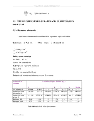 DOCUMENTO BASE DE PATOLOGIAS DEL HORMIGON




                    6M p
                               u Fijado e se calcula h
                     eh 2


9.21 ESTUDIO EXPERIMENTAL DE LA EFICACIA DE REFUERZOS EN
COLUMNAS


9.21.1 Ensayo de laboratorio


        Aplicación de modelo de columna con las siguientes especificaciones:


Columnas:           25 * 25 cm.            4Ø 10     cercos      Ø 4.5 cada 15 cm.


 f c  180kg / cm 2
 f y  2400kg / cm 2

Refuerzo con hormigón
e = 5 cm.     4Ø 10
Cercos Ø6 cada 15 cm.
Refuerzo con angulares metálicos
4L 55.55.6
Presillas con separación 40 cm.
Retocado de bases y capiteles con mortero de cemento


Condición de                                        Columna con y sin refuerzo (Kg.)
columna

                            1              2           3             4      5                6        Media
Sin refuerzo I              86.044        87.418        87.143       78.071   74.223        80.270     82.195
Con refuerzo de             150.650       147.250      132.670      132.670 144.070         132.05    141.227
hormigón II
Con refuerzo de             143.350      132.0.50      124.450      105.450       126.975   106.72    125.499
acero III
Relación II/I                1.44           1.68         1.52         1.70         1.94      1.64       1.72
Relación III/I               1.70           1.50         1.43         1.35         1.71      1.33       1.50

                            Tabla 9.6 Condición de refuerzo de columna




Proyecto de Grado                                                                                    Pagina 240
 