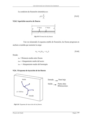 DOCUMENTO BASE DE PATOLOGIAS DEL HORMIGON




         La condision de fisurasión sistemática es:
                                                     fc
                                                                                        [9.63]
                                                     fs
9.26.2 Aparición sucesiva de fisuras


                                         1° fisura        2° fisura




                                     Fig 9.33 Formación de fisuras


                    Una vez alcanzado el esquema estable de fisurasión, las fisuras progresan en
anchura a medida que aumenta la carga:


                                      wm s m ( sm   cm )                               [9.64]
Donde:
         sm = Distancia media entre fisuras
         εsm = Alargamiento medio del acero
         εcm = Alargamiento medio del hormigón


9.26. 3 Esquema de inyección de las fisuras



               Salida                                         Entrada    Parte baja

                                                              Salida    Partes altas
                                                                        Bifurcaciones


      d < 0.50 m

                           Entrada




 Fig.9.34 Esquema de inyección de las fisuras




Proyecto de Grado                                                                       Pagina 250
 