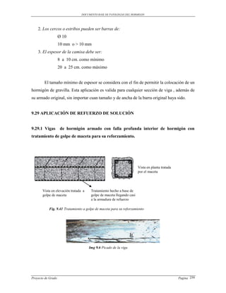 DOCUMENTO BASE DE PATOLOGIAS DEL HORMIGON




    2. Los cercos o estribos pueden ser barras de:
                    Ø 10
                    10 mm o > 10 mm
    3. El espesor de la camisa debe ser:
                    8 a 10 cm. como mínimo
                    20 a 25 cm. como máximo


        El tamaño mínimo de espesor se considera con el fin de permitir la colocación de un
hormigón de gravilla. Esta aplicación es valida para cualquier sección de viga , además de
su armado original, sin importar cuan tamaño y de ancha de la barra original haya sido.


9.29 APLICACIÓN DE REFUERZO DE SOLUCIÓN


9.29.1 Vigas         de hormigón armado con falla profunda interior de hormigón con
tratamiento de golpe de maceta para su reforzamiento.




                                                                       Vista en planta tratada
                                                                       por el maceta




       Vista en elevación tratada a    Tratamiento hecho a base de
       golpe de maceta                 golpe de maceta llegando casi
                                       a la armadura de refuerzo

           Fig. 9.41 Tratamiento a golpe de maceta para su reforzamiento




                                      Img 9.6 Picado de la viga




Proyecto de Grado                                                                                Pagina 259
 