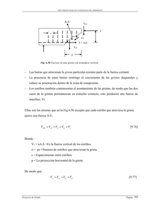 DOCUMENTO BASE DE PATOLOGIAS DEL HORMIGON




                                          Avfv
                                                              Vcz

                                                                            C
                            s
                                                            Vi
                                                          T = Asfs
                                                     Vd

                                                 p


                    Fig. 6.50 Fuerzas en una grieta con armadura vertical


  -   Las barras que atraviesan la grieta particular resisten parte de la fuerza cortante
  -   La presencia de estas barras restringe el crecimiento de las grietas diagonales y
      reduce su penetración dentro de la zona de compresión.
  -   Los estribos también contrarrestan el asentamiento de las grietas, de modo que las dos
      caras de la grietas permanezcan en estrecho contacto, esto producirá una fuerza de
      interfase, Vi.


  Ellas son las mismas que en la Fig 6.50 excepto que cada estribo que atraviesa la grieta
  ejerce una fuerza Avfv.


                    Vext  Vcz  Vd  Viy  Vs                                              [9.76]


  Donde:
        Vs = nAvfv =Es la fuerza vertical de los estribos
        n = ps =Numero de estribos que atraviesan la grieta
        s = Esparcimiento entre estribos
        p = La proyección horizontal de la grieta


  De modo que:
                            Vc  Vcz  Vd  Viy                                             [9.77]




Proyecto de Grado                                                                     Pagina 268
 