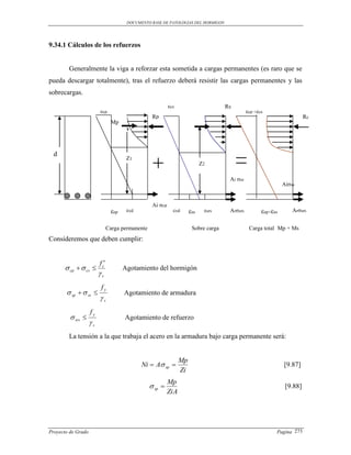 DOCUMENTO BASE DE PATOLOGIAS DEL HORMIGON




9.34.1 Cálculos de los refuerzos


        Generalmente la viga a reforzar esta sometida a cargas permanentes (es raro que se
pueda descargar totalmente), tras el refuerzo deberá resistir las cargas permanentes y las
sobrecargas.
                                                             εcs                       Rs
                         εcp                                                                     εcp +εcs
                                                    Rp                                                                      Rc
                                 Mp




  d
                                        Z1
                                                                              Z2

                                                                                        Ai σss
                                                                                                                  Aiσss


                                                    Ai σcp
                                 εsp    εyd                    εyd      εss    εsrs     Arσsrs          εsp+εss       Arσsrs


                                Carga permanente                         Sobre carga              Carga total Mp + Ms
Consideremos que deben cumplir:


                         f c
       cp   cs                     Agotamiento del hormigón
                         c
                          fy
        sp   ss                    Agotamiento de armadura
                         s
                    fy
          srs                        Agotamiento de refuerzo
                    s
        La tensión a la que trabaja el acero en la armadura bajo carga permanente será:


                                                                   Mp
                                              Ni  A sp                                                         [9.87]
                                                                   Zi
                                                             Mp
                                                    sp                                                           [9.88]
                                                             ZiA




Proyecto de Grado                                                                                             Pagina 273
 