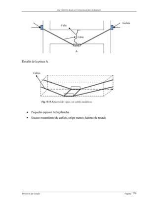 DOCUMENTO BASE DE PATOLOGIAS DEL HORMIGON




                                                                              Anclaje
                                      Falla



                                                        Cable




                                                    A


Detalle de la pieza A


          Cables




                    Fig. 9.55 Refuerzo de vigas con cables metálicos



       Pequeño espesor de la plancha
       Escaso rozamiento de cables, exige menos fuerzas de tesado




Proyecto de Grado                                                               Pagina 276
 