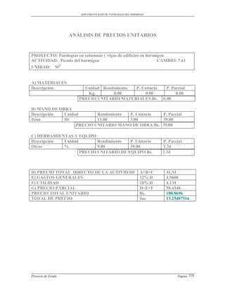 DOCUMENTO BASE DE PATOLOGIAS DEL HORMIGON




                    ANÁLISIS DE PRECIOS UNITARIOS


PROYECTO: Patologías en columnas y vigas de edificios en hormigon
ACTIVIDAD: Picado del hormigon                                CAMBIO: 7.61
UNIDAD: M²


A) MATERIALES
Descripción              Unidad Rendimiento P. Unitario                 P. Parcial
                          Kg.        0.00       0.00                         0.00
                       PRECIO UNITARIO MATERIALES Bs.                 0.00

B) MANO DE OBRA
Descripción  Unidad       Rendimiento P. Unitario  P. Parcial
Peón         Hr           13.00       3.00         39.00
                  PRECIO UNITARIO MANO DE OBRA Bs. 39.00

C) HERRAMIENTAS Y EQUIPO
Descripción Unidad        Rendimiento  P. Unitario                    P. Parcial
Otros       %             9.00         39.00                          2.34
                   PRECIO UNITARIO DE EQUIPO Bs.                      2.34



D) PRECIO TOTAL DIRECTO DE LA ACTIVIDAD                       A+B+C    41.34
E) GASTOS GENERALES                                           12% D    4.9608
F) UTILIDAD                                                   10% D    4.134
G) PRECIO PARCIAL                                             D+E+F    50.4348
PRECIO TOTAL UNITARIO                                         Bs.      100.8696
TOTAL DE PRECIO                                               $us      13.25487516




Proyecto de Grado                                                            Pagina 279
 