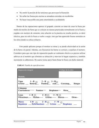 DOCUMENTO BASE DE PATOLOGIAS DEL HORMIGON




        No omitir la presión de las tensiones que provocan la fisurasión
        No sellar las fisuras por encima se armadura corroídas sin recubrirlas
        No hacer inaccesible una junta enterrándola u ocultándola


    Dentro de las reparaciones aparece el grapado, consiste en tratar de coser la fisura por
medio de mochos de barra que se colocan en ranuras practicadas normalmente en la fisura y
cogidas con mortero de cemento, esta solución en la practica no resulta positiva, es decir
efectiva, pues no solo la fisura a vuelto a surgir, sino que han aparecido fisuras normales en
los sitios donde se coloco refuerzo.


         Esto puede aplicarse porque el mortero se retrae y se pierde efectividad en la unión
de la barra a la pared. Además, con frecuencia las barras se corroen y expulsan el mortero.
Considero para que este tipo de reparación pueda ser realmente efectiva es preciso utilizar
aditivos en el mortero que eliminen su retracción y masvien lo hagan expansivo y también
incremente su adherencia. De usarse resina epoxi basta llenar la fisura con dicho material.

     TABLA I Panilla de especificaciones

        Inspección integral                                      Código de la obra


        Modelo.

        Vigas          1–B             2–R           3-M
        Grietas        Roturas         Pandeos        oxid         Carcomas          Hongos

        Columnas
        Cuarteadoras          Pandeos             Desplomes               Otros

        Losas        1 –B              2–R       3–M
        Filtraciones     Flechas         Grietas    Huecos                        Otros

        Muros          1- B         2–R                 3–M
        Rajaduras        Deformaciones             Grietas            Desplomes




Proyecto de Grado                                                                         Pagina   xx
 