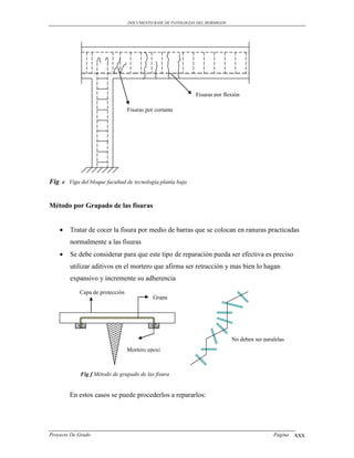 DOCUMENTO BASE DE PATOLOGIAS DEL HORMIGON




                                                             Fisuras por flexión

                                 Fisuras por cortante




Fig. e Viga del bloque facultad de tecnología planta baja


Método por Grapado de las fisuras


       Tratar de cocer la fisura por medio de barras que se colocan en ranuras practicadas
        normalmente a las fisuras
       Se debe considerar para que este tipo de reparación pueda ser efectiva es preciso
        utilizar aditivos en el mortero que afirma ser retracción y mas bien lo hagan
        expansivo y incremente su adherencia
            Capa de protección
                                            Grapa




                                                                             No deben ser paralelas
                                 Mortero epoxi



            Fig f Método de grapado de las fisura


        En estos casos se puede procederlos a repararlos:




Proyecto De Grado                                                                             Pagina   xxx
 