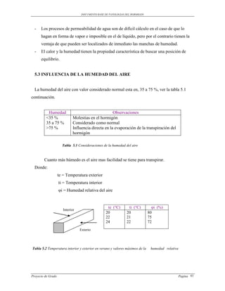 DOCUMENTO BASE DE PATOLOGIAS DEL HORMIGON




  -   Los procesos de permeabilidad de agua son de difícil cálculo en el caso de que lo
      hagan en forma de vapor e imposible en el de líquido, pero por el contrario tienen la
      ventaja de que pueden ser localizados de inmediato las manchas de humedad.
  -   El calor y la humedad tienen la propiedad característica de buscar una posición de
      equilibrio.


  5.3 INFLUENCIA DE LA HUMEDAD DEL AIRE


  La humedad del aire con valor considerado normal esta en, 35 a 75 %, ver la tabla 5.1
continuación.


           Humedad                                    Observaciones
          <35 %               Molestias en el hormigón
          35 a 75 %           Considerado como normal
          >75 %               Influencia directa en la evaporación de la transpiración del
                              hormigón

                      Tabla 5.1 Consideraciones de la humedad del aire



        Cuanto más húmedo es el aire mas facilidad se tiene para transpirar.
  Donde:
                    te = Temperatura exterior
                    ti = Temperatura interior
                    φi = Humedad relativa del aire


                                                   te (°C)      ti (°C)         φi (%)
                       Interior
                                                  20           20             80
                                                  22           21             75
                                                  24           22             72
                                  Exterio
                                  r


Tabla 5.2 Temperatura interior y exterior en verano y valores máximos de la    humedad relativa




Proyecto de Grado                                                                                 Pagina 61
 