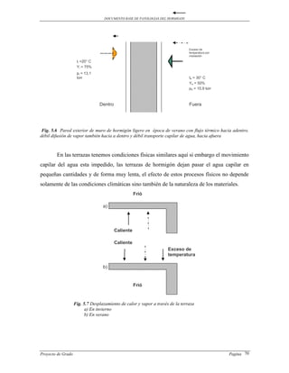DOCUMENTO BASE DE PATOLOGIAS DEL HORMIGON




                                                                                Exceso de
                                                                                temperatura por
                                                                                insolación

                     ti =20° C
                     Yi = 75%
                     pi = 13,1
                     torr                                                       te = 30° C
                                                                                Ye = 50%
                                                                                pe = 15,9 torr



                                 Dentro                                         Fuera




 Fig. 5.6 Pared exterior de muro de hormigón ligero en época de verano con flujo térmico hacia adentro,
débil difusión de vapor también hacia a dentro y débil transporte capilar de agua, hacia afuera



        En las terrazas tenemos condiciones físicas similares aquí si embargo el movimiento
capilar del agua esta impedido, las terrazas de hormigón dejan pasar el agua capilar en
pequeñas cantidades y de forma muy lenta, el efecto de estos procesos físicos no depende
solamente de las condiciones climáticas sino también de la naturaleza de los materiales.
                                                     Frió

                                   a)




                                          Caliente

                                          Caliente
                                                                     Exceso de
                                                                     temperatura

                                   b)


                                                     Frió


                    Fig. 5.7 Desplazamiento de calor y vapor a través de la terraza
                          a) En invierno
                          b) En verano




Proyecto de Grado                                                                                 Pagina 70
 