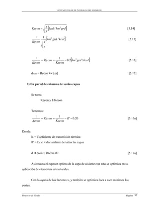 DOCUMENTO BASE DE PATOLOGIAS DEL HORMIGON




          Kecon 
                       x
                       y
                            
                         kcal / hm 2 grd                                               [5.14]

            1   1
          Kecon x
                        
                   hm 2 grd / kcal                                                         [5.15]

                 y


            1
          Kecon
                 Re con 
                             1
                           Kecon
                                               
                                  0.2 hm 2 grd / kcal                                     [5.16]



          decon = Recon λw [m]                                                              [5.17]


    b) En pared de columna de varias capas


          Se toma:
                    Kecon y 1/Kecon


          Tenemos:
            1                1
                 Re con         R  0.20                                            [5.16a]
          Aecon            Kecon


Donde:
          K = Coeficiente de transmisión térmica
          R' = Es el valor aislante de todas las capas


          d D econ = Recon λD                                                           [5.17a]


          Así resulta el espesor optimo de la capa de aislante con esto se optimiza en su
aplicación de elementos estructurales.


          Con la ayuda de los factores x, y también se optimiza ósea s asen mínimos los
costes.


Proyecto de Grado                                                                      Pagina 95
 