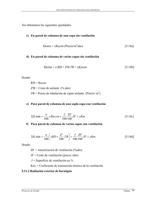 DOCUMENTO BASE DE PATOLOGIAS DEL HORMIGON




Así obtenemos las siguientes igualdades.


    c) En pared de columna de una capa sin ventilación


                    Σkmin = xRecon (Precio/m2año)                          [5.18a]


    d) En pared de columna de varias capas sin ventilación


                    Σkmin = x RD + Z'B J'B + yKecon                        [5.18b]


Donde:
         RD = Recon
         Z'B = Coste de aislante (% año)
         J'B = Precio de inhalación de capas aislante (Precio/ m2)


    e) Para pared de columna de una sopla capa con ventilación


                     w              f ZF
         K min        x Re con          JF  yKm                        [5.18c]
                    100            100 100
    f) Para pared de columna de varias capas con ventilación


                     w          Z         f ZF
         K min         xRD      J B         JF  yKm                [5.18d]
                    100        100       100 100
Donde:
         ZF = Amortización de ventilación (%año)
         JF = Coste de ventilación (precio /año)
         f = Superficie de ventilación en %
         Km. = Coeficiente de transmisión térmica de la ventilación
5.11.2 Radiación exterior de hormigón




Proyecto de Grado                                                         Pagina 96
 