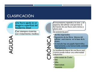 CLASIFICACIÓN
AGUDA
Una fisura aguda es un
desgarro superficial del
anodermo distal
Casi siempre cicatriza
con tratamiento medico
CRÓNICA
El traumatismo repetido a la zona y el
espasmo del esfínter anal permite la
formación de una fisura anal crónica o
ulcera anal.
Se caracteriza por:
• Bordes engrosados.
• Exposición de las fibras blancas del
esfínter anal interno en la base de la
ulcera.
• A menudo hay una papila hipertrófica
internamente y una hemorroide centinela
externamente.
La localización lateral de una fisura anal
crónica puede indicar una enfermedad
subyacente :
• Enfermedad de Crohn
• VIH
• Sífilis
• Tuberculosis
• Leucemia
 