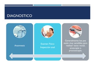 DIAGNOSTICO
Anamnesis
Examen Físico
Inspección anal
Generalmente los pxs
están muy sensibles para
realizar tacto rectal,
anoscopia o
proctoscopia.
 