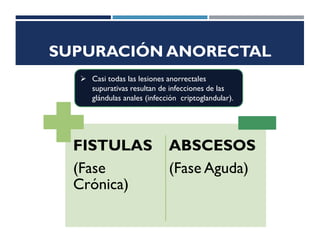 SUPURACIÓN ANORECTAL
FISTULAS
(Fase
Crónica)
ABSCESOS
(Fase Aguda)
 Casi todas las lesiones anorrectales
supurativas resultan de infecciones de las
glándulas anales (infección criptoglandular).
 