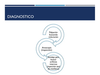 DIAGNOSTICO
Palpación
buscando
induración
Anoscopia
(inspección)
Sondaje para
buscar
orificios
internos
(inyección azul
de metileno)
 
