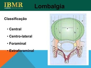 Classificação
Lombalgia
• Central
• Centro-lateral
• Foraminal
• Extraforaminal
 