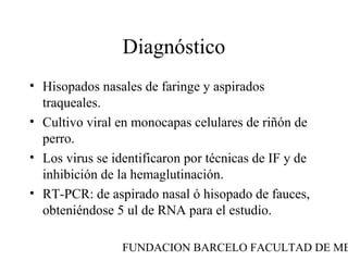 FUNDACION BARCELO FACULTAD DE ME
Diagnóstico
• Hisopados nasales de faringe y aspirados
traqueales.
• Cultivo viral en monocapas celulares de riñón de
perro.
• Los virus se identificaron por técnicas de IF y de
inhibición de la hemaglutinación.
• RT-PCR: de aspirado nasal ó hisopado de fauces,
obteniéndose 5 ul de RNA para el estudio.
 