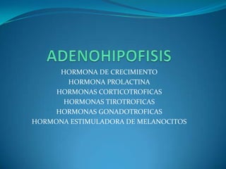HORMONA DE CRECIMIENTO
HORMONA PROLACTINA
HORMONAS CORTICOTROFICAS
HORMONAS TIROTROFICAS
HORMONAS GONADOTROFICAS
HORMONA ESTIMULADORA DE MELANOCITOS