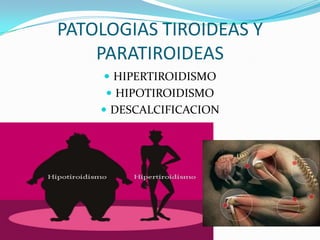 PATOLOGIAS TIROIDEAS Y
PARATIROIDEAS
HIPERTIROIDISMO
HIPOTIROIDISMO
DESCALCIFICACION