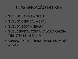CLASSIFICAÇÃO DO RGE
• NIVEL DA CARINA – GRAU I
• NIVEL DA CERVICAL – GRAU II
• NIVEL DA BOCA – GRAU III
• NIVEL CERVICAL COM A VALVULA CARDIA
PERSISTENTE – GRAU IV
• ASPIRAÇÃO PELA TRAQUEIA OU PULMOES –
GRAU V
 