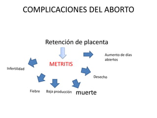 COMPLICACIONES DEL ABORTO
Retención de placenta
muerte
METRITIS
Aumento de días
abiertos
 