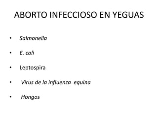 ABORTO INFECCIOSO EN YEGUAS
• Salmonella
• E. coli
• Leptospira
• Virus de la influenza equina
• Hongos
 