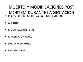 MUERTE Y MODIFICACIONES POST
MORTEM DURANTE LA GESTACION
• REABSORCIÓN EMBRIONARIA O MICROABORTO
• ABORTOS
• MOMIFICACIÓN FETAL
• MACERACIÓN FETAL
• PARTO PREMATURO
• ENFISEMA FETAL
 