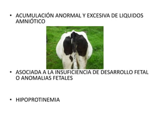 • ACUMULACIÓN ANORMAL Y EXCESIVA DE LIQUIDOS
AMNIÓTICO
• ASOCIADA A LA INSUFICIENCIA DE DESARROLLO FETAL
O ANOMALIAS FETALES
• HIPOPROTINEMIA
 