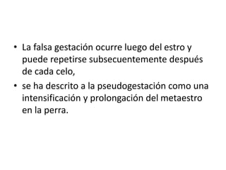 • La falsa gestación ocurre luego del estro y
puede repetirse subsecuentemente después
de cada celo,
• se ha descrito a la pseudogestación como una
intensificación y prolongación del metaestro
en la perra.
 