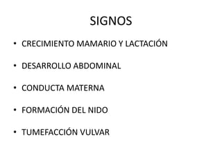 SIGNOS
• CRECIMIENTO MAMARIO Y LACTACIÓN
• DESARROLLO ABDOMINAL
• CONDUCTA MATERNA
• FORMACIÓN DEL NIDO
• TUMEFACCIÓN VULVAR
 